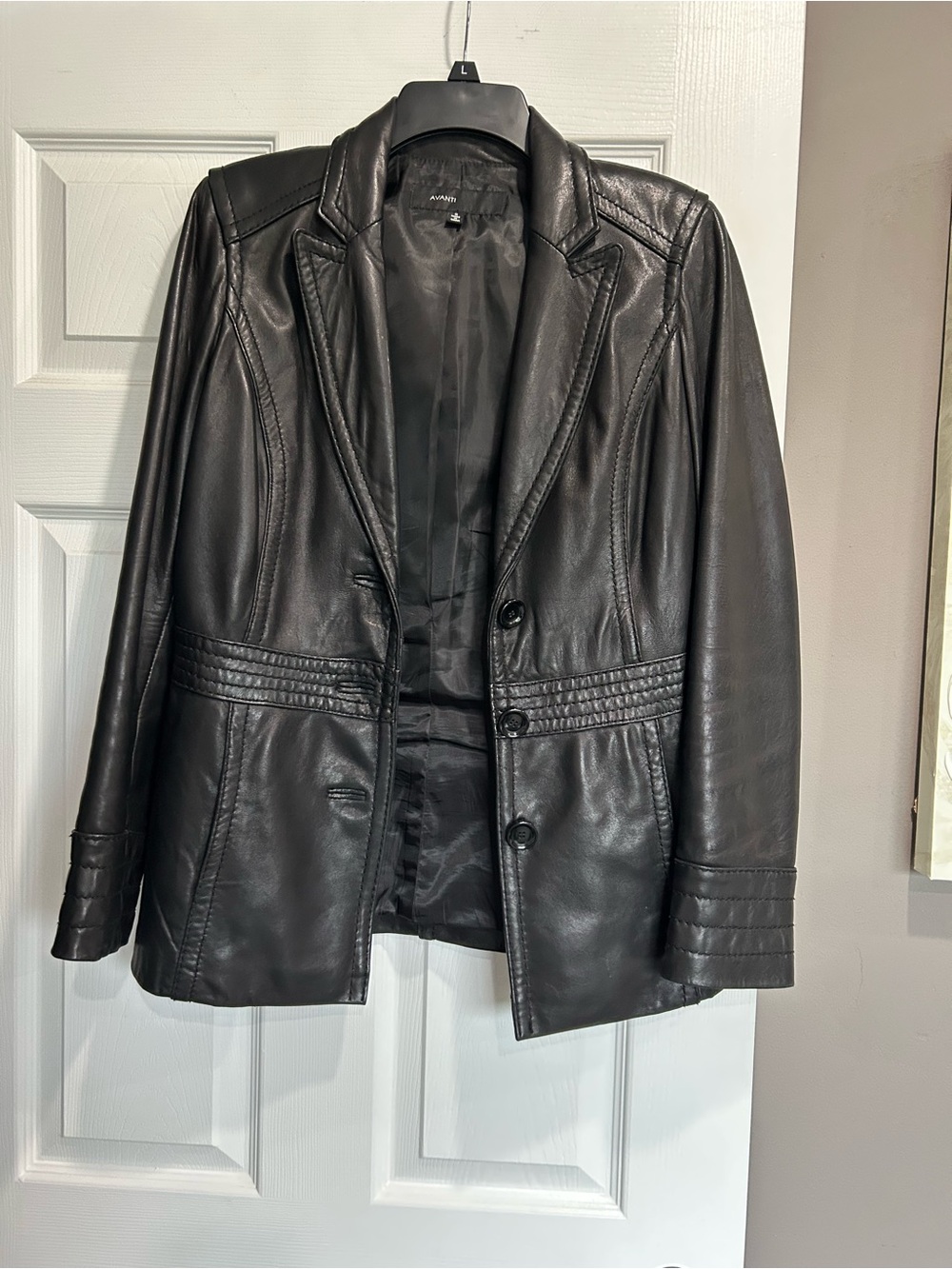 Avanti Black Leather Blazer with Quilted Waist and Cuff Detail
